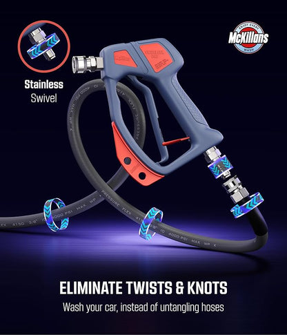 McKillans® Swivel Gun Pro - Swivel High Pressure Water Handle with 3/8" Male Plug and 1/4” Quick Connector Coupler - Power Washer Gun Compatible with Foam Cannon - Nozzle Tips Holder