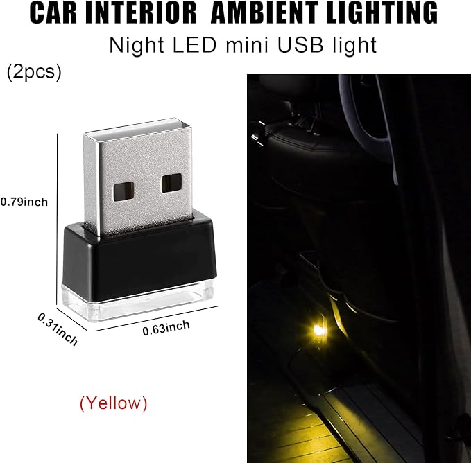 2 PCS USB LED Car Interior Atmosphere Lamp, Portable Mini LED Night Light, Plug-in USB Interface Trunk Ambient Lighting Kit, Universal Interior Car Accessories (Yellow)