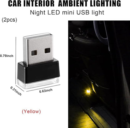 2 PCS USB LED Car Interior Atmosphere Lamp, Portable Mini LED Night Light, Plug-in USB Interface Trunk Ambient Lighting Kit, Universal Interior Car Accessories (Yellow)