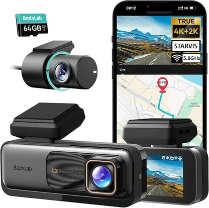 BOTSLAB 4K Dash Cam Front and Rear[2026 Upgraded], 64GB SD Card Included, STARVIS Sensor, 170° Ultra Wide 4K+2K Dashcam with ADAS, Night Vision, 24/7 Parking Mode, WDR, 5.8GHz WiFi, GPS,Loop Recording