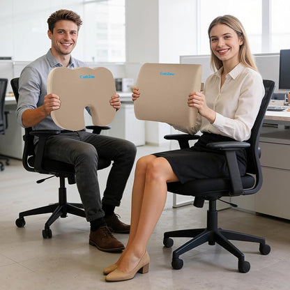 CushZone Ergonomic Seat Cushion & Lumbar Support Pillow - Memory Foam for Sciatica Pain Relief & Posture Correction, Non-Slip Chair Cushions for Office Chair/Car/Wheelchair/Travel, Khaki X-Large