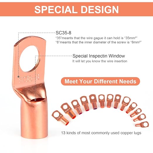 Copper Wire Lugs,Terminal Connectors,Used on AWG12 10 8 6 4 2 Cable,Heat Shrink Set,Bare Copper Eyelets,Ring Terminals Connectors,80Pcs Battery Cable Lugs Ends and 80Pcs Heat Shrink Tubing (160PCS)