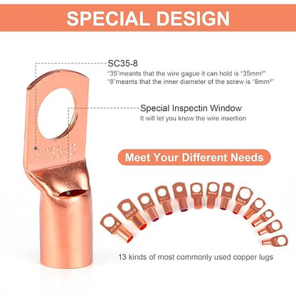 Copper Wire Lugs,Terminal Connectors,Used on AWG12 10 8 6 4 2 Cable,Heat Shrink Set,Bare Copper Eyelets,Ring Terminals Connectors,80Pcs Battery Cable Lugs Ends and 80Pcs Heat Shrink Tubing (160PCS)