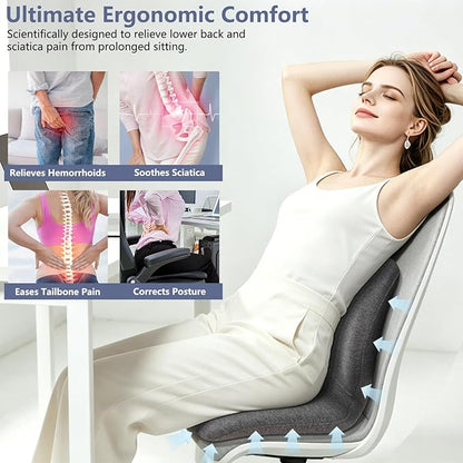 Car Seat Cushion with Lumbar Support Pillow - Memory Foam Driver Seat Cushion for Back & Sciatica Pain Relief, Washable Cover, Non-Slip Bottom for Long Driving, Office Chair & Truck (Grey)