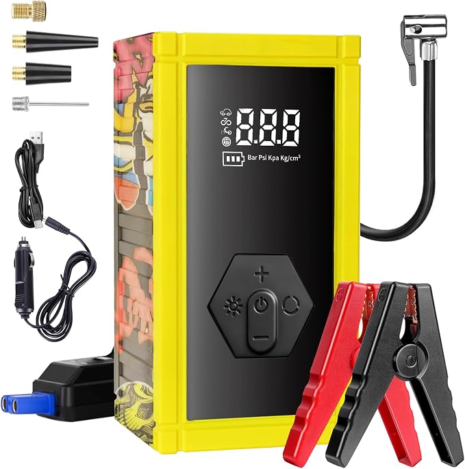 Portable Car Battery Jump Starter with Air Compressor, 8000A Jump Pack for 9.0L Gas/8.0L Diesel, 150PSI Tire Inflator Air Pump, 12V Jump Box Power Pack Booster with LED Light for Emergency