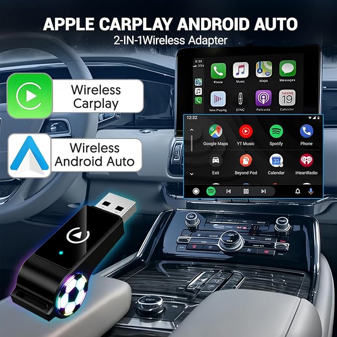 2026 Wireless CarPlay Android Auto Adapter, 2 in 1 Plug and Play Wireless Adapter, Fast Auto Reconnect, Plug and Play for OEM Factory Wired CarPlay Vehicles