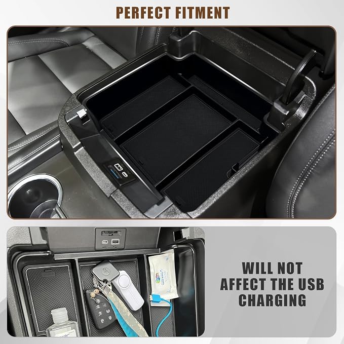 Muslogy for 2021-2026 Yukon Tahoe Suburban Center Console Tray Middle Organizer ABS Armrest Storage Box Compatible with GMC Yukon Tahoe Suburban 2021-2025 2026 Not for Sliding Console(Black)