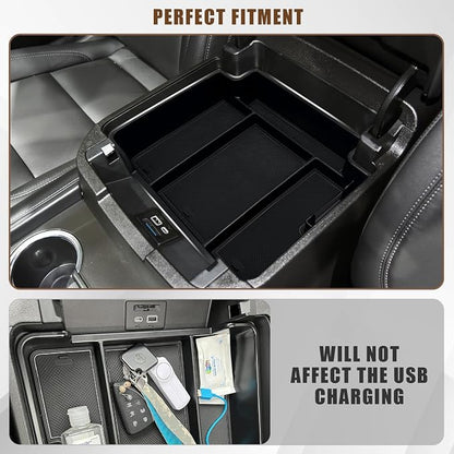 Muslogy for 2021-2026 Yukon Tahoe Suburban Center Console Tray Middle Organizer ABS Armrest Storage Box Compatible with GMC Yukon Tahoe Suburban 2021-2025 2026 Not for Sliding Console(Black)