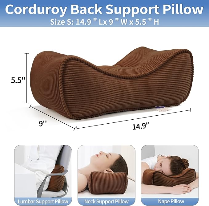 Lumbar Support Pillow for Study Desk Chair, Bite-Size Natural Latex Foam Back Support Pillow for Lower Back Pain Relief, Soft & Support Corduroy Office Chair Cushion, S, Brown