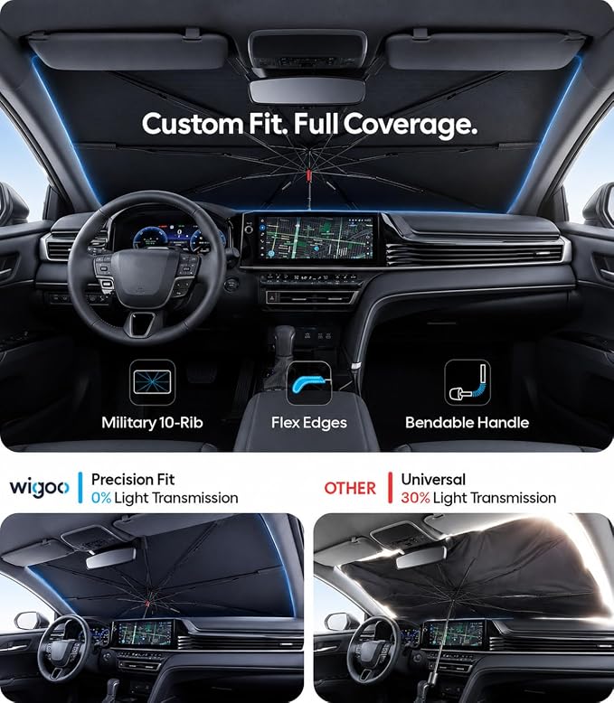 Wigoo Windshield Sun Shade Umbrella for Toyota Camry 2018-2026 [100% Sun Blockage, Ice Cooling Fabric] Foldable Heat Insulation Front Window Sunshade Umbrella for Toyota Camry 2018-2026