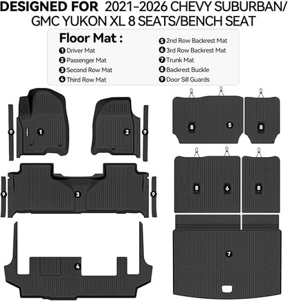 Floor Mats for 2021-2026 Chevy Suburban/GMC Yukon XL/Cadillac Escalade ESV 8 Seats/Bench Seat(Not for Escalade/Yukon), Trunk Mat & Backrest Mat & Door Sill Guard TPE Protector Accessories