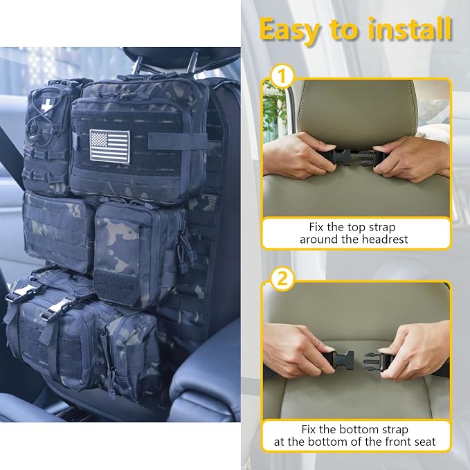 Universal Tactical Car Seat Back Organizer Bag Tactical Molle Vehicle Organizers Panel Vehicle Protector Organizers with 5 Detachable Pouches for Car Truck Ford Jeep (Upgraded C model Black camo)