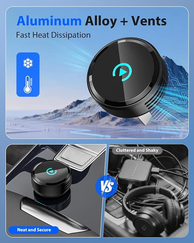 Ultra Mini Circular Wireless CarPlay & Android Auto Adapter, 3-5s Fast Auto Reconnect, Aluminum Alloy Vent Design, 2-in-1 CarPlay Wireless Adapter for iOS & Android with USB A/C Port