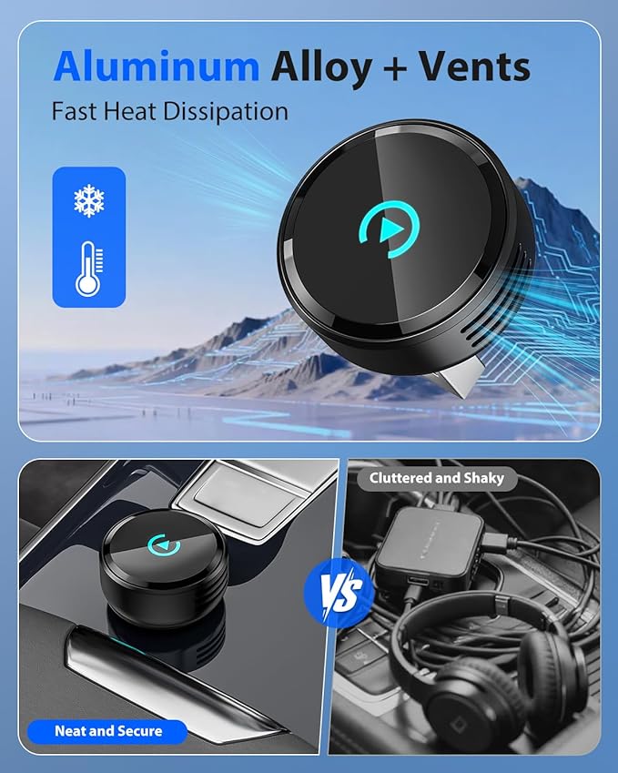 Ultra Mini Circular 2-in-1 Wireless CarPlay & Android Auto Adapter, 3-5s Fast Auto Reconnect, Aluminum Alloy Vent Design, USB-C/USB-A Ports (Pure Black)