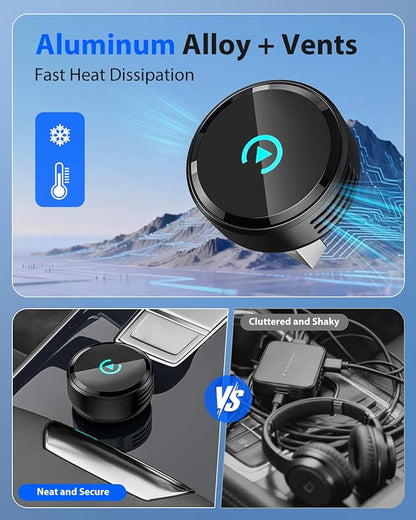 Ultra Mini Circular 2-in-1 Wireless CarPlay & Android Auto Adapter, 3-5s Fast Auto Reconnect, Aluminum Alloy Vent Design, USB-C/USB-A Ports (Pure Black)