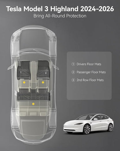 3W Model 3 Floor Mats 2025 2024 with Metal Pedal, Highland Floor Liner, All Weather Custom Fit Accessories Black