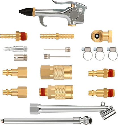 Hromee Air Hose Fittings 1/4 Inch NPT Brass Quick Connect Coupler and Plug, 20 Pieces Air Compressor Accessory Kit with Blow Gun and Tire Gauge