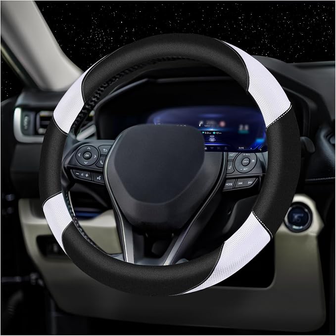 Soft Leather Steering Wheel Cover with Breathable Design and Anti-Slip Grip, Fully Compatible with Tesla, Toyota, Honda, Nissan 14.5-15.2 inch Round Steering Wheel（Sedans and SUVs）