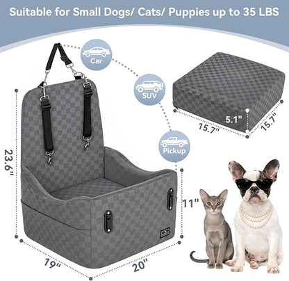 PETSFIT Dog Car Seat for Small/Medium Dogs Up to 35 lbs – Patented Safety System, 5" Memory Foam Pet Booster Car Seat, Fully Detachable and Washable Dog Carseat with 2 Storage Pockets (Grey)
