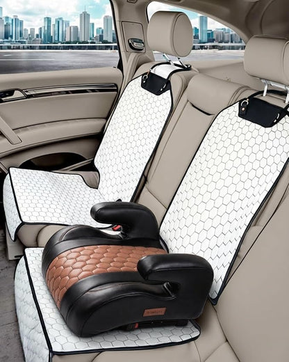 Owleys Set Seat Back Organizer & Car Seat Protector Hexy Waterproof & Non-Slip Protector for Child Car Cushion for Leather and Fabric Seats (White)