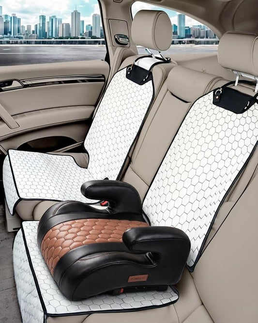 Owleys Set Seat Back Organizer & Car Seat Protector Hexy Waterproof & Non-Slip Protector for Child Car Cushion for Leather and Fabric Seats (White 2 pcs)