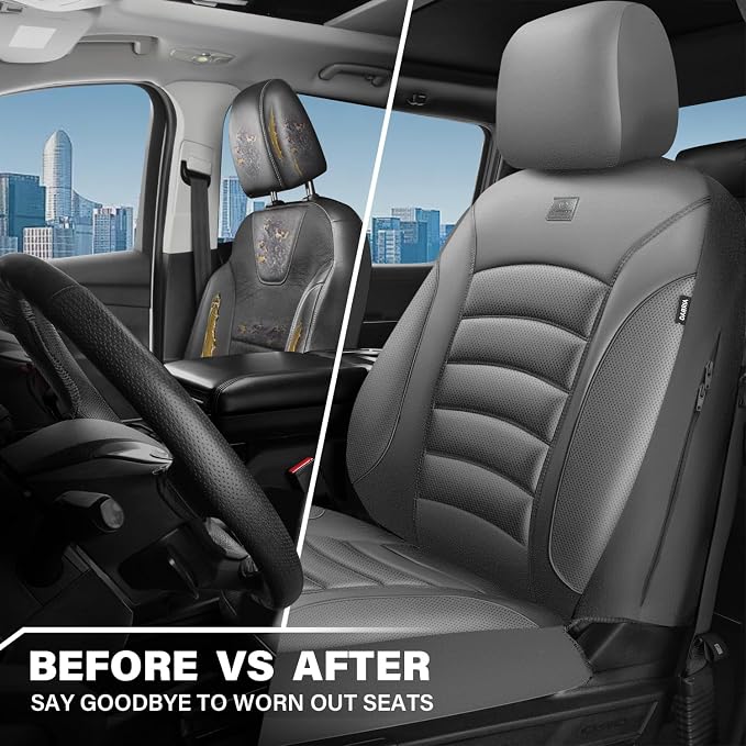 CAR PASS 3D Foam PU Leather Car Seat Covers, Universal Seat Covers Front 2 for Trucks SUV Sedan Automotive Seat Covers Armrest Airbag Compatible Waterproof Comfortable Faux Nappa Leather All Gray