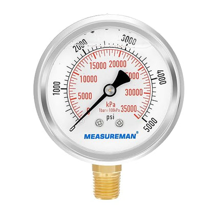 MEASUREMAN 2-1/2inch Dial Size, Liquid Filled Hydraulic Pressure Gauge, 0-5000psi/kpa, 304 Stainless Steel Case, 1/4inchNPT Lower Mount