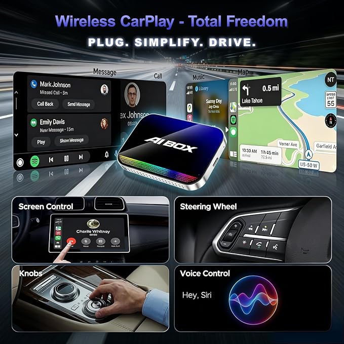 Wireless CarPlay & Android Auto Adapter, Magic AI Box with YouTube TikTok, Built-in Play Store and Screen Mirroring, Plug and Play Video Adapter for OEM Factory Wired CarPlay Vehicles