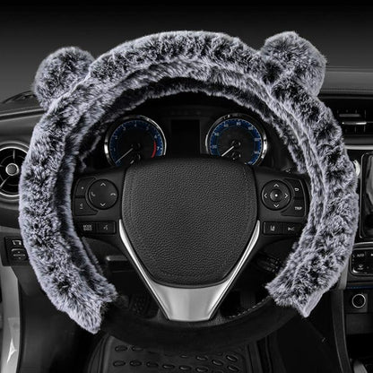 BDK Faux Fur/Wool/Sheepskin Steering Wheel Cover for Women - Cute, Bear Fur, Soft, Fluffy, and Warm, Great for Winter Gray with Ears, 14.5-15