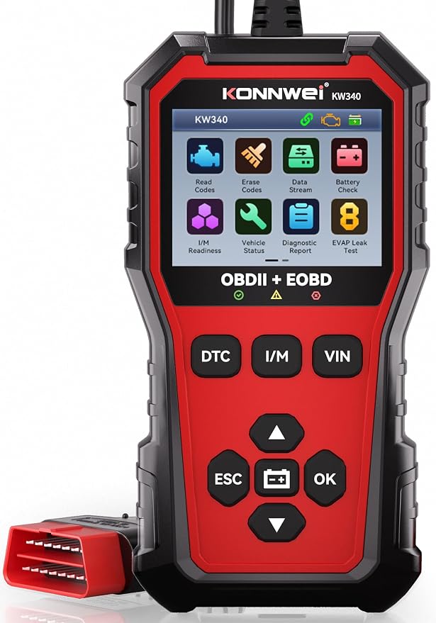 KONNWEI KW340 OBD2 Scanner Diagnostic Tool Code Reader for All OBDII Cars | Read & Clear Engine Codes, Live Data Stream, Battery Test, I/M Readiness, O2/EVAP Test, OBDII/EOBD