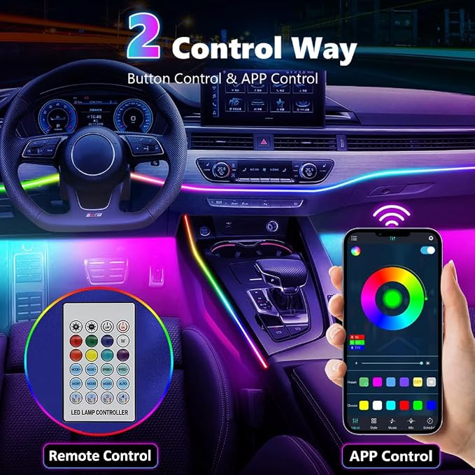 Acrylic Interior Car LED Lights with Remote and Wireless APP, Ambient Lighting Kits Fiber Optic Strip LEDs,16 Million Colors Music&DIY Function (8 in 1)
