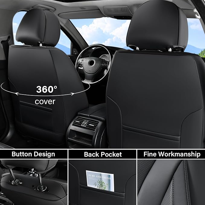 Coverado Waterproof Nappa Leather Car Seat Covers, Automotive Seat Covers，Front Car Seat Cushion & Car Seat Protector, Black Seat Covers Universal Fit for Most Cars, SUVs, Trucks