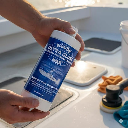 Woody Wax Ultra Gloss Restoring Compound, Professional-Grade Fiberglass Restoration & Oxidation Remover for Boats & Yachts, Diminishing Micro-Abrasive Formula for High Gloss Gel Coat Finish, 32 oz