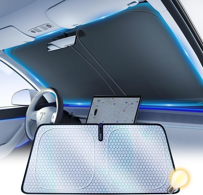 [2026 Upgraded] FOURDOPLI Graphene Dual-Layer Car Windshield Sun Shade for 2016-2026 Tesla Model Y & Model 3, Foldable car Window Shades with Includes Storage Bag, Block UV Rays Keep Car Cool