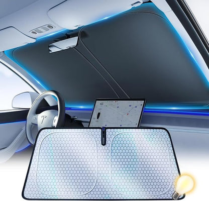[2026 Upgraded] FOURDOPLI Graphene Dual-Layer Car Windshield Sun Shade for 2016-2026 Tesla Model Y & Model 3, Foldable car Window Shades with Includes Storage Bag, Block UV Rays Keep Car Cool