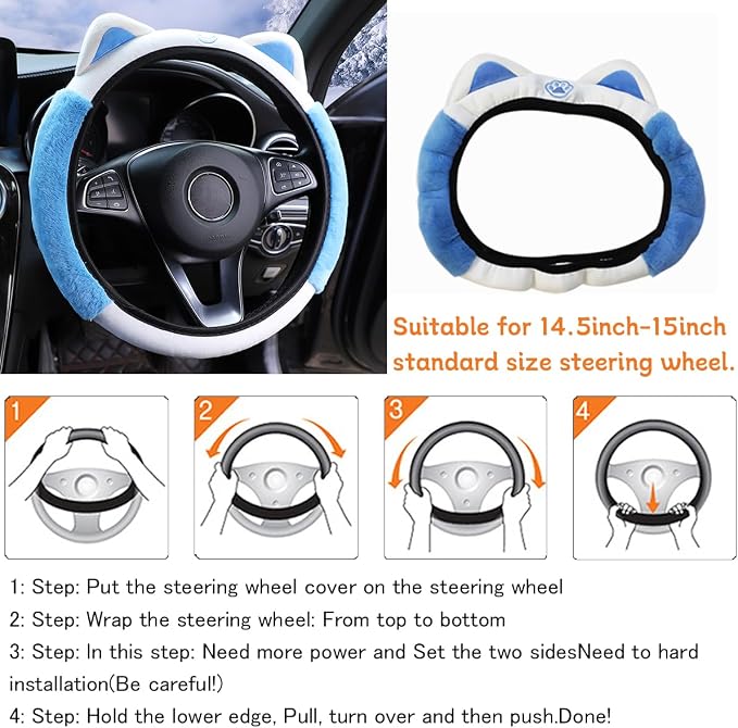 Bittwee Car Steering Wheel Cover, Fluffy Soft Plush for Winter Warm, Cute Steering Wheel Protector with Kitty Cat Ears, Universal 15 Inch, Elastic & Anti-Slip, Lovely Decor Car Accessories (Blue)