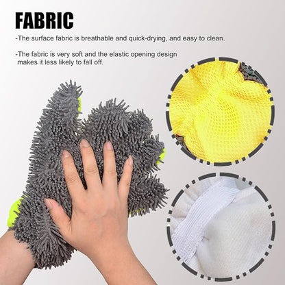 Car Wash Mitt Microfiber Scratch Free,Premium Chenille Ultra-Soft Car Wash Gloves,Thickened Inside Coated Swirl-Free Finish 5-Finger Design Detailing for Cleaning Car Wash Brush,2-Pack Green
