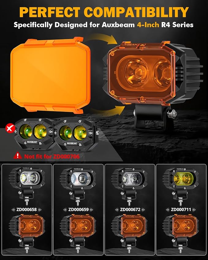 Auxbeam 4 Inch LED Pod Covers, R4 Series 2300K Dark Amber LED Pods Square Offroad Plastic Light Protective Cover Fog Lamp PC Lens Light Mask, 2 Pack (Not Fit for ZD000706)