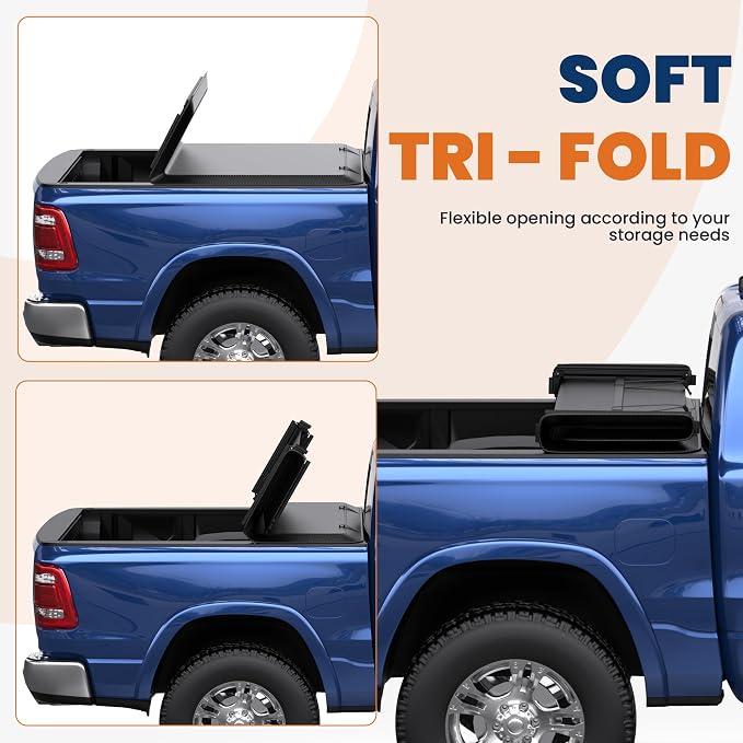 KUIPERAUTO Soft Tri 5.7FT Bed Tonneau Cover Compatible for 2009-2026 Dodge Ram 1500 (Incl. 2019-2024 Classic & 2019-2026 New Body Style) W/o Ram Box Truck Bed 67.4inch