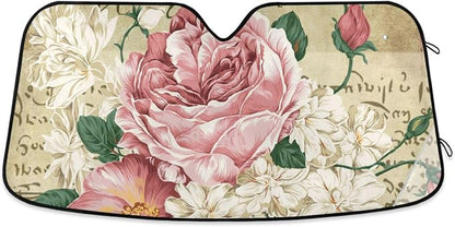 Vintage Shabby Chic Pink Rose Floral Windshield Sun Shade,Foldable Car Sun Shade for Front Windshield Sunshades Protector Blocks UV Rays Sun Visor Protect and Cool Your Vehicle Interior,57" x 31.5 "In