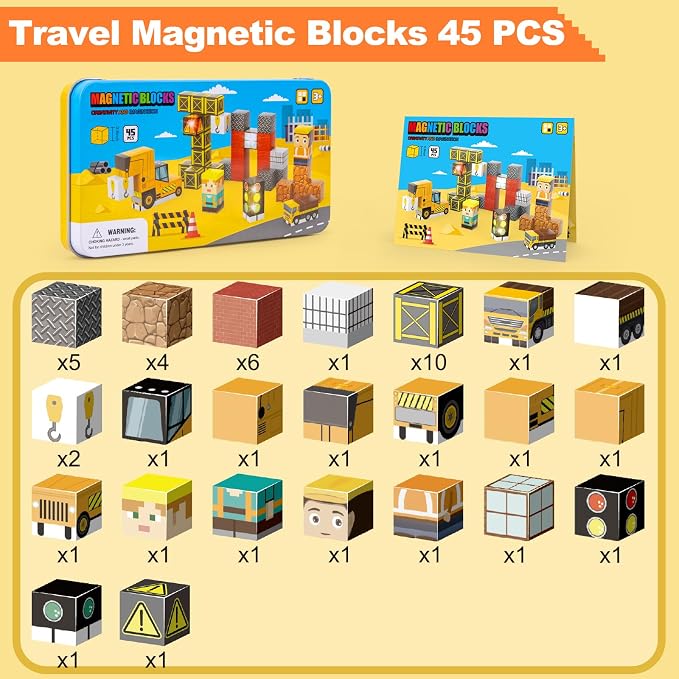 Aywewii Travel Magnetic Blocks 45 PCS Travel Toys for Kids Ages 3-5, Magnet Building Cubes STEM Learning Set with Iron Case - Portable Building Toys for Boys and Girls (Construction Edition 1)