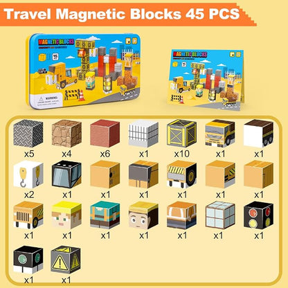 Aywewii Travel Magnetic Blocks 45 PCS Travel Toys for Kids Ages 3-5, Magnet Building Cubes STEM Learning Set with Iron Case - Portable Building Toys for Boys and Girls (Construction Edition 1)