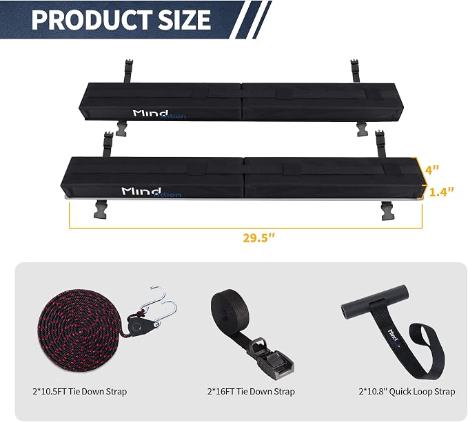 Universal Car Soft Roof Rack for Kayak/Canoe/Surfboard/SUP/Snowboard,Roof Rack Pads Carrier System Include 2 16FT Tie Down Straps,2 Ratchet Pulley Ropes,2 Hood Loops and Storage Bag （with Crossbar）