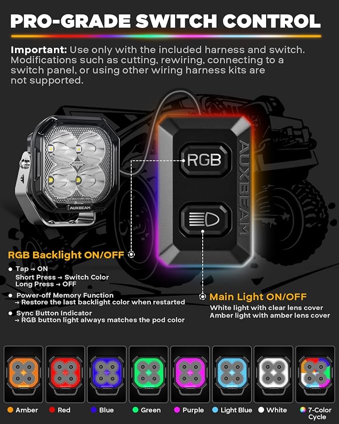 Auxbeam Color Play Series RGB Ditch Light Pods, 3-Inch Multicolor RGBW Offroad Spot Light Bar, 116W 12960 Lumen Color Changing Backlight 7 Color Gradient Cycle A-Pillar Fog Lights, 2-Pack