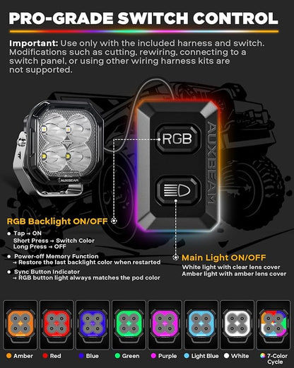 Auxbeam Color Play Series RGB Ditch Light Pods, 3-Inch Multicolor RGBW Offroad Spot Light Bar, 116W 12960 Lumen Color Changing Backlight 7 Color Gradient Cycle A-Pillar Fog Lights, 2-Pack