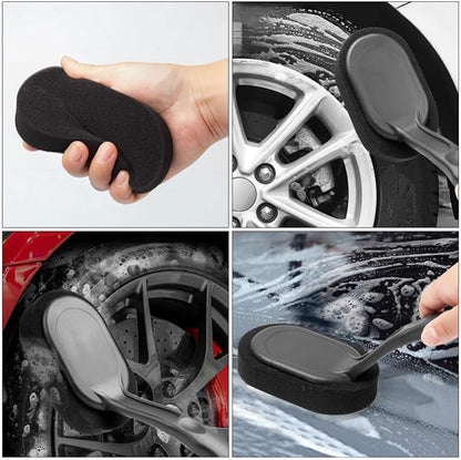 SHOWERORO Car Tire Brush Cleaning Kit with Handle and Sponge for Easy Cleaning and Applying Tire Shine, for Car Wheels and Detailing