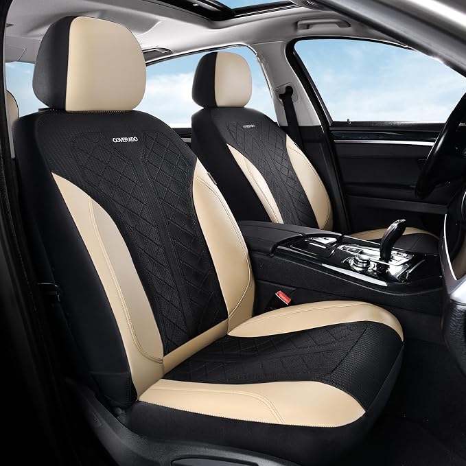 Coverado Front Seat Covers, Beige Seat Covers 2 Seats, Leather Car Protectors 2-Pack, Auto Seat Covers Spill-Proof Design Universal Fit for SUV, Vans, Sedan, Truck
