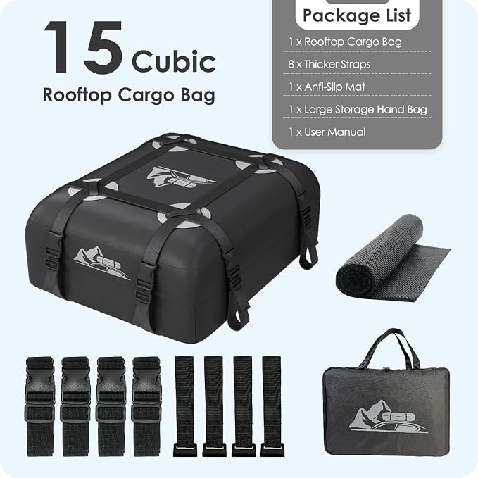 Car Rooftop Cargo Carrier Bag 15 Cubic Feet, 100% Waterproof Heavy Duty Car Roof Bag for All Vehicle with/Without Racks - Anti-Slip Mat, 4 Door Hooks, Storage Bags, 4PCS 3.8CM Straps(Gray)