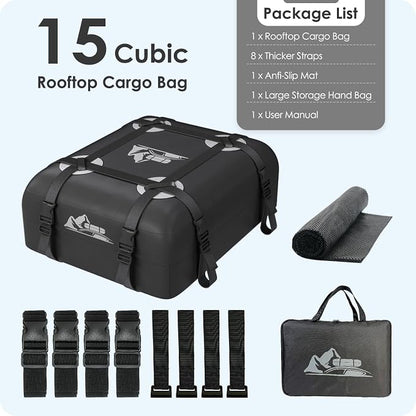 Car Rooftop Cargo Carrier Bag 15 Cubic Feet, 100% Waterproof Heavy Duty Car Roof Bag for All Vehicle with/Without Racks - Anti-Slip Mat, 4 Door Hooks, Storage Bags, 4PCS 3.8CM Straps(Gray)