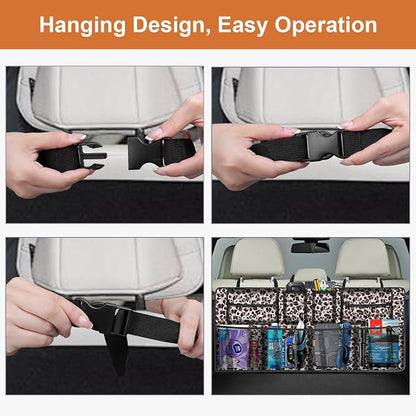 Car Trunk Organizer, Super Capacity Backseat Car Organizer for SUV/Truck/MPV, Hanging Car Storage Organizer with 8 Pocekts, Car Accessories for Women and Men- Leopard print